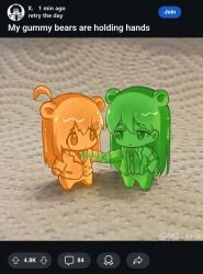  1boy 1girl ahoge animal_ears armband bear_ears candy collared_shirt food gummy_bear gummy_bears_holding_hands_(meme) hand_in_pocket hod_(project_moon) jacket lapels lobotomy_corporation long_hair meme necktie netzach_(project_moon) notched_lapels ori_oriio project_moon reddit shirt very_long_hair x_(project_moon) 