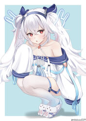  1girl absurdres animal_ears animal_slippers aqua_background azur_lane blue_headband blue_ribbon bow breasts bunny_slippers carrot dress fake_animal_ears halterneck headband highres laffey_(azur_lane) laffey_ii_(azur_lane) legwear_garter long_hair long_sleeves looking_at_viewer nobukusa0209 off-shoulder_dress off_shoulder open_mouth rabbit-shaped_pupils rabbit_ears red_eyes ribbon short_dress simple_background sleeves_past_fingers sleeves_past_wrists slippers small_breasts solo squatting symbol-shaped_pupils thigh-highs twintails very_long_hair white_dress white_hair 