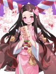  1girl brown_hair cup fangs fingernails hair_ribbon highres holding holding_cup japanese_clothes kamado_nezuko kimetsu_no_yaiba kimono long_hair looking_at_viewer nail_polish obi omikuji open_mouth pink_kimono pink_ribbon red_eyes red_nails revision ribbon sash solo waterring 