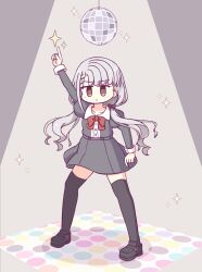  1girl black_thighhighs blush brown_eyes disco disco_ball grey_hair highres hisakawa_nagi idolmaster idolmaster_cinderella_girls kashimu long_hair looking_at_viewer ribbon skirt thigh-highs twintails 