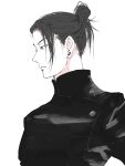  1boy black_hair ear_piercing getou_suguru greyscale hair_bun hair_pulled_back jacket jujutsu_kaisen jujutsu_tech_uniform male_focus monochrome needbee_r parted_lips piercing profile school_uniform short_hair simple_background single_hair_bun solo upper_body white_background 