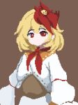  1girl animal_on_head ascot bird bird_on_head blonde_hair brown_background long_sleeves multicolored_hair nito2230 niwatari_kutaka on_head pixel_art puffy_long_sleeves puffy_sleeves red_ascot red_eyes redhead short_hair solo touhou two-tone_hair upper_body white_sleeves 