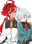  2girls ahoge asticassia_school_uniform black_hairband blue_eyes closed_eyes closed_mouth commentary_request cowlick dot_nose green_jacket grey_hair gundam gundam_suisei_no_majo hair_between_eyes hairband hand_on_another&#039;s_shoulder highres jacket light_blush long_hair long_sleeves low_ponytail miorine_rembran multiple_girls parted_lips redhead sakura_mochi_(kanade-8961-uriuri) school_uniform short_eyebrows shorts shoulder_boards side-by-side simple_background sleeping smile split_mouth suletta_mercury thick_eyebrows very_long_hair white_background white_jacket white_shorts wide_sleeves 