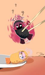  2girls absurdres anger_vein angry aura black_halo blade1605 blank_eyes blue_archive chopsticks dark_aura dark_halo dark_persona food food_costume fried_hoshino_(meme) hair_between_eyes halo heterochromia highres hoshino_(blue_archive) hoshino_terror_(blue_archive) looking_at_another meme multiple_girls open_mouth pink_hair pink_halo plate shaded_face shrimp shrimp_tempura signature tempura tempura_costume triangle_mouth wiggling 