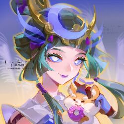  1girl amaterasu_kiriko bright_pupils crescent crescent_hat_ornament diadem doughnut food green_hair hat_ornament holding japanese_clothes kiriko_(overwatch) looking_at_viewer low-tied_sidelocks makeup medium_hair multicolored_hair official_alternate_costume overwatch overwatch_2 portrait propeller_hat purple_lips road_233 sidelocks smile streaked_hair white_pupils wrecking_ball_(overwatch) 