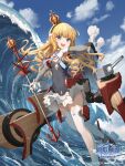  1girl adapted_turret artillery azur_lane black_hairband blonde_hair blue_eyes blue_sky blush bow cannon clouds cloudy_sky crown detached_sleeves dress gloves hair_bow hairband hand_on_own_chest highres logo long_hair looking_at_viewer machinery mast mini_crown ocean open_mouth outdoors pinakes queen_elizabeth_(azur_lane) rigging scepter sky smokestack solo standing standing_on_liquid thigh-highs turret very_long_hair violet_eyes water white_gloves white_thighhighs 