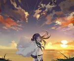  1girl asirpa black_hair blue_eyes cloak clouds commentary_request crying floating_clothes floating_hair golden_kamuy grass headband highres long_hair looking_back no2_gk ocean purple_headband shooting_star solo sun sunset tears upper_body white_cloak 