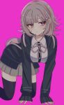  1girl absurdres all_fours backpack bag black_thighhighs breasts brown_skirt chi_gu closed_mouth danganronpa_(series) danganronpa_2:_goodbye_despair galaga hair_ornament highres jacket large_breasts long_sleeves medium_hair miniskirt nanami_chiaki neck_ribbon open_clothes open_jacket pink_background pink_bag pink_eyes pink_ribbon pleated_skirt ribbon simple_background skirt sleeves_past_wrists solo thigh-highs 