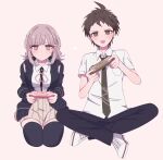  1boy 1girl absurdres ahoge black_jacket black_pants black_shirt black_thighhighs blunt_bangs blush brown_hair brown_skirt chi_gu collared_shirt controller danganronpa_(series) danganronpa_2:_goodbye_despair dress_shirt galaga green_necktie hair_ornament highres hinata_hajime holding holding_controller jacket medium_hair miniskirt nanami_chiaki neck_ribbon necktie open_clothes open_jacket pants pink_eyes pink_ribbon pleated_skirt pout ribbon shirt short_hair short_sleeves skirt thigh-highs two-tone_shirt white_shirt 