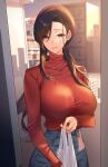  1girl bag blurry blurry_background breasts brown_eyes brown_hair denim hair_behind_ear highres huge_breasts jeans jewelry long_hair looking_at_viewer necklace original pants red_sweater shopping_bag sidelocks sino42 solo sweater town turtleneck turtleneck_sweater 