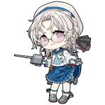  1girl adapted_turret bags_under_eyes blue_neckerchief blue_ribbon blue_sailor_collar blue_skirt brown_eyes buttons cannon chain depth_charge full_body glasses gloves gradient_hair grey_footwear grey_hair hat hirato_(kancolle) kantai_collection loafers long_sleeves looking_at_viewer machinery multicolored_hair neckerchief one-take pleated_skirt ribbon sailor_collar sailor_hat school_uniform serafuku shoes short_hair skirt smokestack solo standing thigh-highs turret wavy_hair white_gloves white_headwear white_thighhighs 