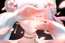  1girl chromatic_aberration commentary_request earrings fingernails flower flower-shaped_pupils hair_flower hair_ornament highres jewelry jinhsi_(peach_blossom)_(wuthering_waves) jinhsi_(wuthering_waves) looking_at_viewer parted_lips pink_flower portrait solo straight-on symbol-shaped_pupils white_eyelashes white_hair wuthering_waves yun_(yun_4_11) 