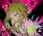 1girl ariilha12 bare_arms cracked_skin crying crying_with_eyes_open ghost_rule_(vocaloid) glowing_nails green_eyes green_hair green_nails gumi hand_on_own_face heart highres looking_at_viewer open_mouth pink_background shirt short_hair_with_long_locks sleeveless sleeveless_shirt solo tears teeth torn_clothes torn_shirt upper_body upper_teeth_only vocaloid white_shirt 
