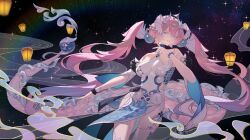  1girl absurdly_long_hair bare_shoulders blue_choker blue_eyes blue_nails bracelet choker commentary commission cowboy_shot detached_sleeves drid english_commentary floating_lights fur-tipped_tail hair_between_eyes hair_bobbles hair_ornament head_wings highres horn_ornament horns jewelry lantern leaning_to_the_side long_hair night night_sky original paper_lantern parted_lips pink_hair scales sky smoke solo star_(sky) starry_sky symbol-shaped_pupils thighlet twintails two-tone_dress very_long_hair very_long_tail wings x-shaped_pupils 