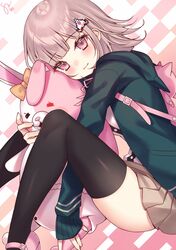  1girl black_shirt black_thighhighs blush bow brown_hair danganronpa_(series) danganronpa_2:_goodbye_despair ear_bow galaga green_jacket highres hood hood_down jacket medium_hair miniskirt monomi_(danganronpa) nanami_chiaki open_clothes open_jacket pink_eyes pleated_skirt shirt skirt sleeves_past_wrists smile solo thigh-highs two-tone_shirt watashishi white_shirt 