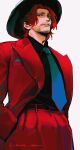  1boy absurdres alternate_costume blue_necktie commentary english_commentary facial_hair formal hands_in_pockets hat highres male_focus necktie one_piece red_eyes red_suit redhead scar scar_on_face shanks_(one_piece) short_hair signature smile solo suit teeth vamos_mk 