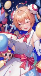  1girl ;d acfun acfun_girl anniversary bare_shoulders blue_background blue_ribbon blurry blurry_background bow bowtie bun_cover cake confetti coviet double_bun dress dress_bow elbow_gloves fang food gloves hair_bun hair_ribbon hands_up heart heart-shaped_pupils highres monkey number_candle one_eye_closed orange_hair party_popper red_bow red_bowtie ribbon short_hair single_glove single_wrist_cuff skin_fang sleeveless sleeveless_dress smile solo sparkle string_of_flags symbol-shaped_pupils teeth too_many_balloons upper_body white_dress white_gloves wrist_cuffs yellow_eyes 