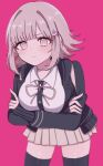  1girl absurdres black_thighhighs blush breasts brown_hair chi_gu collared_shirt cowboy_shot crossed_arms danganronpa_(series) danganronpa_2:_goodbye_despair dress_shirt galaga highres jacket large_breasts leaning_forward medium_hair miniskirt nanami_chiaki neck_ribbon open_clothes open_jacket pink_eyes pink_ribbon pleated_skirt pout ribbon shirt skirt solo thigh-highs white_shirt zettai_ryouiki 