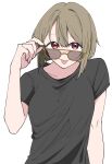  1girl :p adjusting_eyewear black_shirt breasts brown-framed_eyewear collarbone grey_hair hair_between_eyes highres liz_(piyoko_piyop) looking_at_viewer love_live! love_live!_nijigasaki_high_school_idol_club medium_breasts nakasu_kasumi shirt short_hair short_sleeves solo sunglasses tongue tongue_out upper_body violet_eyes white_background 