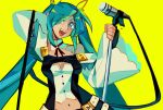  1girl blue_eyes blue_hair borcheim commentary cosplay dizzy_(guilty_gear) dizzy_(guilty_gear)_(cosplay) english_commentary guilty_gear hair_ribbon hair_rings hatsune_miku highres long_hair looking_at_viewer microphone miku_day open_mouth ribbon smile solo tail tail_ornament tail_ribbon twintails vocaloid yellow_ribbon 
