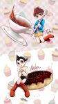  2boys android atom_(tetsuwan_atom) black_hair blue_dress boots brown_hair cake chaimaou cup cupcake doughnut dress food highres holding holding_spoon multiple_boys red_footwear robot spiky_hair spoon tea teacup tetsuwan_atom 