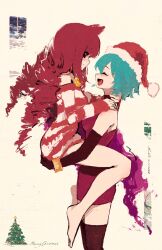  2girls :d absurdres artificial_eye barefoot bell blue_hair blush bracelet carrying carrying_person christmas_tree closed_eyes commentary dated dress drill_hair elbow_gloves english_commentary english_text feet_out_of_frame film_grain from_side full_body gloves hand_on_another&#039;s_neck hand_on_another&#039;s_shoulder hat highres horizontal-striped_dress jewelry long_hair looking_at_another merry_christmas multiple_girls neck_bell off-shoulder_dress off_shoulder open_mouth over-kneehighs red_dress redhead ring rnna santa_hat sei_asagiri short_hair signature smile stella_hoshii striped_clothes striped_dress thigh-highs va-11_hall-a white_background white_dress yuri 