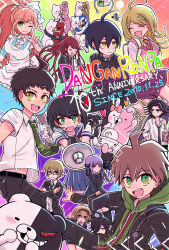  6+boys 6+girls ^_^ ahoge akamatsu_kaede anniversary apron back_bow backpack bad_id bad_twitter_id bag bear belt black_belt black_footwear black_jacket black_necktie black_pants black_ribbon black_skirt black_socks blazer blonde_hair blue_dress blue_sailor_collar blue_skirt blunt_bangs book bow box braid breasts briefcase brown_footwear brown_hair buttons character_request closed_eyes closed_mouth collarbone collared_jacket collared_shirt colorful_background commentary_request copyright_name crest crossed_arms danganronpa:_trigger_happy_havoc danganronpa_(series) danganronpa_2:_goodbye_despair danganronpa_3_(anime) danganronpa_another_episode:_ultra_despair_girls danganronpa_kirigiri danganronpa_togami danganronpa_v3:_killing_harmony dated dot_nose double-breasted dress dress_shirt expressionless floating_clothes floating_hair frilled_apron frills glasses green_eyes green_jacket green_necktie hair_between_eyes hair_bow hair_ornament hair_ribbon hand_on_own_hip heart high_collar highres hinata_hajime holding holding_book holding_box holding_briefcase holding_megaphone hood hood_down hooded_jacket jacket kirigiri_kyoko kneehighs kurokuma_(danganronpa) lapels large_breasts layered_sleeves long_dress long_hair long_sleeves looking_at_another matsuda_yasuke megaphone messy_hair midriff_peek miniskirt monodam monokid monokuma monomi_(danganronpa) monophanie monosuke monotaro_(danganronpa) multiple_boys multiple_girls musical_note musical_note_hair_ornament musical_note_print naegi_komaru naegi_makoto nakajima_kanon nanokuma neckerchief necktie nerine_fujikawa notched_lapels one_eye_closed open_clothes open_jacket open_mouth orange_hair orange_necktie otonashi_ryouko outline outstretched_arm outstretched_leg pants pectoral_cleavage pectorals pink_vest pinstripe_jacket pinstripe_pattern pleated_skirt pocket poster_(medium) puffy_short_sleeves puffy_sleeves purple_hair purple_skirt rabbit rainbow_background red_neckerchief redhead ribbon saihara_shuichi sailor_collar school_uniform serafuku shirokuma_(danganronpa) shirt shirt_under_dress shoes short_hair short_sleeves sitting skirt smile smirk socks surprised sweatdrop teeth togami_byakuya twin_braids unmoving_pattern upper_teeth_only uwabaki v-neck vest wavy_mouth white-framed_eyewear white_apron white_bag white_bow white_outline white_shirt white_socks yellow_eyes yukizome_chisa zipper zipper_pull_tab 
