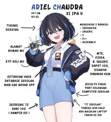  1girl arch_linux black_hair black_jacket blue_eyes fang highres holding holding_phone indonesian_flag indonesian_high_school_uniform indonesian_text jacket linux looking_at_viewer multicolored_hair open_clothes open_jacket open_mouth os-tan partially_translated phone raviolimavioli school_uniform simple_background skirt smile solo standing streaked_hair translation_request white_background 