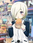  1girl blonde_hair blurry blurry_background blush burger character_name commentary_request ear_piercing food hair_over_one_eye happy_birthday highres holding holding_food jacket long_hair looking_at_viewer love_live! love_live!_nijigasaki_high_school_idol_club mia_taylor one_eye_covered open_mouth piercing ranmaki125 shirt short_hair solo upper_body v viewfinder violet_eyes white_jacket white_shirt 