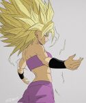 1girl blonde_hair blue_eyes caulifla dragon_ball dragon_ball_super electricity from_behind green_eyes grey_background highres maiohneze muscular muscular_female outstretched_arms purple_pants purple_tube_top solo spiky_hair spread_arms strapless super_saiyan super_saiyan_2 tube_top