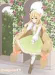  1girl blonde_hair boots brown_footwear butterfly_hair_ornament celine_(fire_emblem) dress fire_emblem fire_emblem_engage green_dress green_eyes hair_ornament highres kotoriya_kuguri leather leather_boots long_hair princess solo very_long_hair wrist_bow 