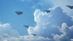  aircraft airplane artist_logo blue_sky clouds cloudy_sky day fighter_jet highres logo mangshuo military_vehicle no_humans original outdoors sky vehicle_focus 