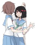  2girls alternate_hairstyle arm_grab black_hair blue_sailor_collar blue_skirt blush bob_cut bow brown_eyes brown_hair closed_mouth facing_another grabbing_another&#039;s_arm hair_bow hibike!_euphonium hisaishi_kanade kabedon kitauji_high_school_uniform liz_to_aoi_tori looking_at_another multiple_girls neckerchief open_hand oumae_kumiko pleated_skirt red_bow sailor_collar school_uniform serafuku shadow shiroshi_(denpa_eshidan) shirt short_hair short_sleeves simple_background skirt smile sweatdrop white_background white_shirt yuri 