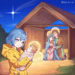  2boys 2girls an_dres_art artist_name baby bead_necklace beads blonde_hair blue_eyes blue_veil closed_eyes coat commentary crib english_commentary falling_star halo hay highres holding_baby hood hood_down hooded_coat jesus jewelry jubilee_2025 kneeling luce_(jubilee_2025) multiple_boys multiple_girls necklace outdoors rosary saint_joseph sandals short_hair smile stable symbol-shaped_pupils the_bible traditional_halo twitter_username unworn_jewelry unworn_necklace veil virgin_mary yellow_coat yellow_halo yellow_raincoat 
