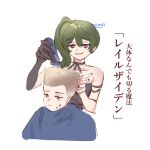  2girls artist_name barber_cape black_dress black_gloves black_nails blue_cape brown_hair cape choso_giving_toudou_a_haircut_(meme) commentary cutting_hair dress electric_razor fade_(haircut) gloves green_hair highres itchyro meme multiple_girls nail_polish parted_lips sense_(sousou_no_frieren) short_hair side_ponytail simple_background single_glove sketch sousou_no_frieren sweatdrop translation_request ubel_(sousou_no_frieren) violet_eyes white_background 