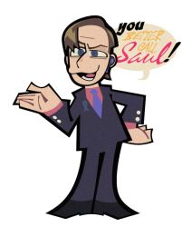  1boy better_call_saul black_footwear black_jacket black_pants blue_eyes blue_necktie breaking_bad brown_hair chibi earpiece english_commentary english_text full_body hand_on_own_hip hillmyna jacket male_focus necktie open_mouth pants red_shirt saul_goodman shirt shoes simple_background solo standing white_background 