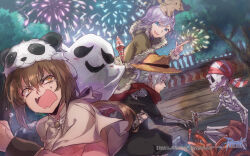  1boy 1other 2girls acolyte_(ragnarok_online) armor assassin_cross_(ragnarok_online) bandana black_pants black_shirt blue_eyes boat brown_cape brown_capelet brown_eyes brown_hair brown_hat cape capelet copyright_notice fedora finger_gun fireworks fur-trimmed_cape fur_trim ghost gloom_(expression) grey_hair guest_art hat high_wizard_(ragnarok_online) highres holding holding_fireworks kairi_(kai_ri) logo long_sleeves looking_at_another looking_to_the_side multiple_girls official_art official_wallpaper open_mouth panda_hat pants pauldrons penomena pirate_skeleton ragnarok_online red_bandana red_eyes scared scarf screaming shirt short_hair shoulder_armor skeleton smile tearing_up torn_clothes torn_scarf tree undead upper_body v-shaped_eyebrows vambraces watercraft 