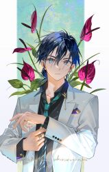  1boy adjusting_sleeves ajiro_shinpei anthurium aqua_eyes aqua_necktie black_shirt blue_hair closed_mouth commentary flower grey_eyes heterochromia highres jacket jewelry lapels leaf looking_at_viewer male_focus necktie notched_lapels ring shirt solo suit_jacket summertime_render tidsean upper_body white_jacket 