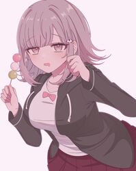  1girl absurdres breasts brown_hair chi_gu danganronpa_(series) danganronpa_2:_goodbye_despair flipped_hair food galaga hair_ornament highres holding holding_food jacket long_sleeves looking_at_viewer medium_hair nanami_chiaki open_clothes open_jacket pink_eyes pleated_skirt shirt skirt solo white_shirt 