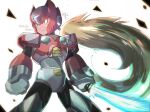  1boy akako83 armor blonde_hair clenched_hands cowboy_shot energy_sword green_eyes helmet highres holding holding_sword holding_weapon long_hair looking_to_the_side mega_man_(series) mega_man_x_(series) ponytail red_armor red_headwear shoulder_armor solo sword twitter_username weapon white_background z_saber zero_(mega_man) 