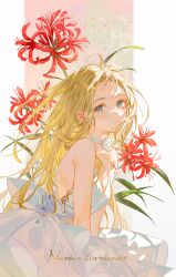  1girl aqua_eyes bare_shoulders blonde_hair choker closed_mouth commentary dress flower from_side highres jewelry kofune_ushio light_blush long_hair looking_at_viewer neck_flower necklace nerine_(flower) red_flower shell shell_necklace solo summertime_render tidsean upper_body white_choker white_dress 