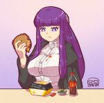  1girl artist_logo artist_name black_coat blunt_bangs breasts bright_pupils burger carl&#039;s_jr. cheese coat dress drink eating english_text fern_(sousou_no_frieren) food food_on_clothes food_on_face gradient_background holding holding_food ketchup large_breasts long_hair long_sleeves purple_hair sauce sidelocks solo sousou_no_frieren tacozama upper_body violet_eyes white_dress white_pupils 