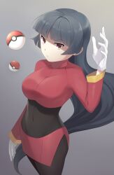  1girl absurdres black_hair breasts dress gloves grey_background gummy_(puffaluficus) highres large_breasts long_hair poke_ball pokemon psychic red_dress red_eyes sabrina_(pokemon) simple_background white_gloves 