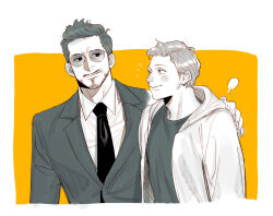  2boys blush buttons chanko_neru closed_mouth collared_shirt commentary_request facial_hair fingernails flying_sweatdrops greyscale_with_colored_background hand_on_another's_back hood hoodie jacket lapels long_sleeves looking_at_another male_focus marvel marvel_cinematic_universe multiple_boys necktie open_clothes open_hoodie orange_background outside_border peter_parker shirt short_hair simple_background smile sunglasses t-shirt tony_stark upper_body 