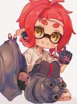  1girl ballpoint_splatling_(splatoon) black_gloves commentary_request earrings gloves gun highres holding holding_gun holding_weapon inkling inkling_girl inkling_player_character jewelry medium_hair nautilus_(splatoon) ochocho2828 pointy_ears print_sweater redhead shoes simple_background sitting smile solo splatoon_(series) splatoon_3 sweater teeth tentacle_hair thick_eyebrows v weapon white_background white_sweater yellow_eyes 