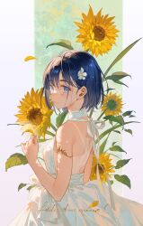  1girl backless_dress backless_outfit bare_shoulders blue_eyes blue_hair closed_mouth commentary dress flower from_side hair_flower hair_ornament highres kofune_mio leaf light_blush short_hair solo summertime_render sunflower tan tanlines tears tidsean upper_body white_dress yellow_flower 