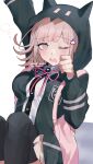  1girl animal_bag arm_up blush breasts brown_hair cat_bag collared_shirt d: danganronpa_(series) danganronpa_2:_goodbye_despair flipped_hair hair_ornament hand_up highres hood jacket long_sleeves looking_at_viewer medium_hair nanami_chiaki neck_ribbon pink_bag pink_eyes ribbon shirt skirt solo spaceship_hair_ornament teeth thigh-highs upper_teeth_only watashi_(artist) white_shirt 