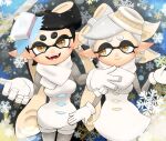  2girls a3_k306021 black_hair blurry blurry_background bow-shaped_hair callie_(splatoon) closed_mouth commentary_request cousins dress earrings eyelashes food food_on_head gloves grey_hair highres hoop_earrings inkling jewelry long_hair looking_at_viewer marie_(splatoon) mole mole_under_eye multiple_girls object_on_head official_alternate_costume open_mouth pointy_ears scarf short_hair smile snowflakes splatoon_(series) splatoon_3 standing star-shaped_pupils star_(symbol) sushi symbol-shaped_pupils teeth tentacle_hair thick_eyebrows white_dress white_gloves white_scarf 