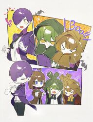  &gt;_&lt; 2boys 2girls absurdres arms_up black_necktie brown_hair coat collared_shirt green_brooch green_hair hagan_tw hair_over_one_eye hands_up highres hod_(project_moon) library_of_ruina long_hair malkuth_(project_moon) multiple_boys multiple_girls necktie netzach_(project_moon) open_mouth project_moon purple_brooch purple_coat purple_hair shirt sleeves_tied_together sweat white_shirt yellow_eyes yesod_(project_moon) 