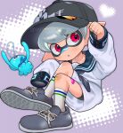  1boy :o artist_name baseball_cap black_headwear blue_footwear blue_sailor_collar commentary_request cross-laced_footwear full_body grey_hair hat heart heart_background highres inkling inkling_boy inkling_player_character jellyfish_(splatoon) male_focus naoki_(oosuko) pointy_ears print_headwear purple_background red_eyes sailor_collar sailor_shirt shirt shoes short_hair sleeves_past_fingers sleeves_past_wrists socks solo splatoon_(series) tentacle_hair two-tone_background watermark white_background white_socks 